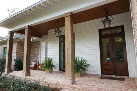 Cypress Columns Front Porch, Cypress Porch Posts, Cedar Pillars Front Porch, Wooden Columns Porch, Wooden Porch Columns, Built In Wet Bar, Screened In Back Porch, Grilling Station, Front Porch Columns