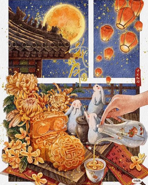 🍉🥮 Chinese Mid Autumn Festival Illustration, Chinese Festival Drawing, Mooncake Festival Illustration, Chinese Food Illustration, Mid Autumn Festival Illustration, Chinese Mid Autumn Festival, Festival Paint, Whimsical Art Journal, Chinese Illustration