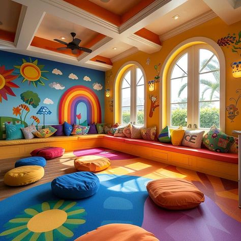 Play And Art Room, Kindergarden Rooms, Colorful Library Room, Play School Decor Ideas, Playing Room Ideas, Daycare Nap Room Ideas, Day Care Ideas Decoration, Play Houses For Kids, Preschool Interior Design