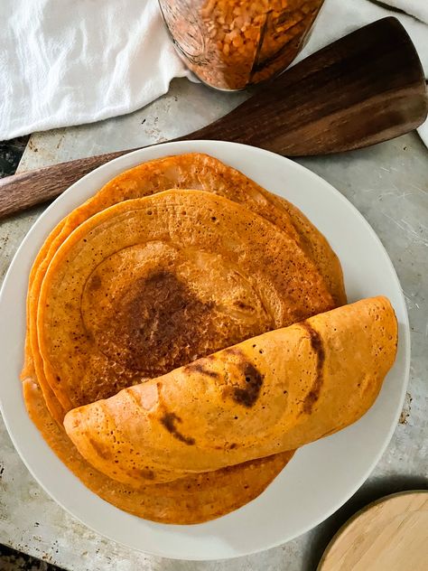 Red Lentil Dosa Recipe, Lentil Dosa Recipe, Red Lentil Crepes, Red Lentil Wraps, Red Lentil Pancakes, Lentil Bread, Vegan Lentil Recipes, Yeast Free Recipes, Red Lentil Recipes