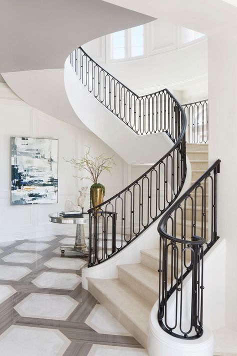 New Classic Stairs Design, Modern Classic Stairs Design, Best Stairs Design, Transitional Style Staircase, Classical Railing Design, Modern Classic Stairs, Staircase Design Luxury Classic, Staircase Design Classic, Classic Stairs Design