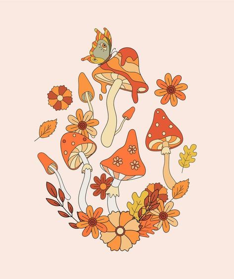 Retro 70s hippie mushrooms, leaves and butterfly flat vector illustration. Vintage autumn vibe psychedelic elements in 80s style. Retro Hippy Aesthetic, Hippie Mushroom Art, Mushroom Graphic Design, 70s Mushroom Art, Mushroom Art Hippie, Vintage Hippie Aesthetic, Mushroom Mural, Mushroom Princess, Mushroom Things