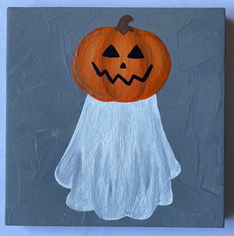 5"x5" Hand Painted Halloween Ghost with Pumpkin Head Canvas Painting This small ghost painting is the perfect addition to your fall/Halloween decor.  Hand painted on a 5"x5" canvas with acrylic paint, each painting is one of a kind.  A great gift for a friend or family member or perfect just for you! Paint Vibes, Pumpkin Canvas Painting, Ghost Paintings, Halloween Canvas Paintings, Canvas With Acrylic Paint, Ghost With Pumpkin, Art Mini Toile, Halloween Canvas Art, Hand Painted Halloween