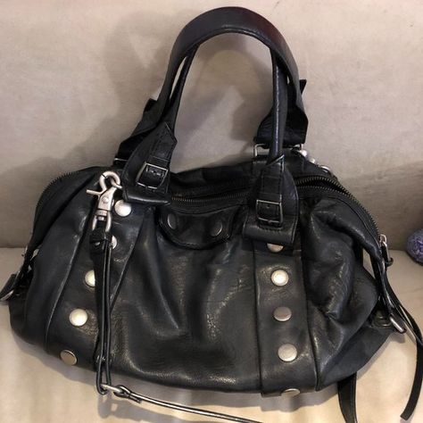 Botkier black leather studded satchel bag Black Shoulder Bag School, Vintage Shoulder Bag Outfit, Russian Party, Black Satchel Bag, 2000s Bags, Shoulder Bag Outfit, Y2k Shoulder Bag, Slouchy Bag, Black Satchel