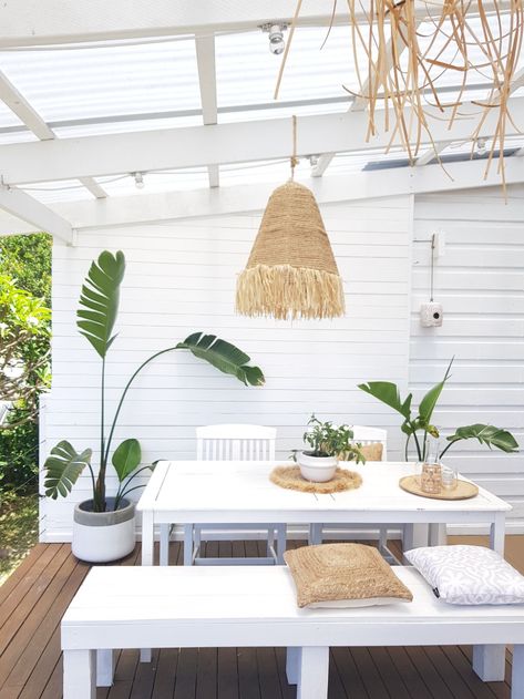 The couple transforming their old family holiday shack in Newcastle into a stylish coastal home Coastal Patio Ideas, Coastal Backyard, Coastal Home Exterior, Beach House Garden, Coastal Exterior, Coastal Landscaping, Coastal Patio, Modern Coastal Home, Beach House Exterior