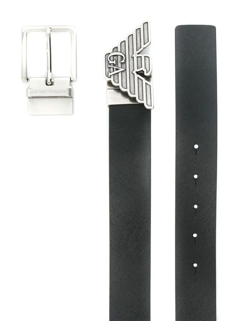 A contemporary collection infused with the timeless Italian elegance, Emporio Armani combines traditional standards of production with a dash of irreverent attitude. Crafted in Italy from smooth black leather, this logo buckle belt from Emporio Armani features silver-tone hardware, an adjustable fastening, punch hole detailing, a square tip and interchangeable buckle. Armani Clothing, Shopping Online Logo, Italian Elegance, Armani Logo, Emporio Armani Women, Armani Black, Armani Belt, Mens Designer Fashion, Buckle Belt