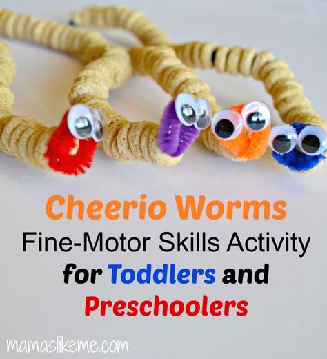 Cheerio Worms - Simple Fine-Motor Skill Activity for Toddlers Preschool Insects, Insects Preschool, Bugs Preschool, Preschool Prep, Activity For Toddlers, Preschool Fine Motor, Spring Preschool, Fine Motor Skills Activities, Motor Skills Activities