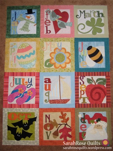 Monthly Quilt Blocks Wall Hangings, 12 Month Quilt Blocks, Quilt By Hand, Calendar Quilts, Kids Quilts, Hanging Quilts, Pocket Letter, Quilt Care, Childrens Quilts