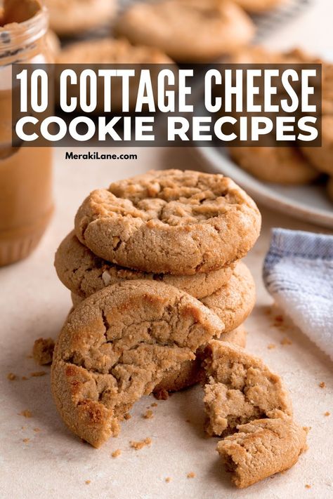 10 Cottage Cheese Cookie Recipes | Cottage cheese adds a subtle tanginess and a moist, tender crumb to desserts that practically melts in your mouth. It's also a powerhouse in the nutrition world as it's high in protein and calcium while low in calories, allowing you to transform your favorite cookie dough into a healthy indulgence. Click to learn how to bake with cottage cheese and for our favorite cottage cheese cookies, including classic peanut butter, double chocolate chunk, and many more! Cookies Made With Cottage Cheese, Cottage Cheese Peanut Butter Cookie Dough, Cottage Cheese Choc Chip Cookies, Cottage Cheese Cookies Healthy, Chocolate Peanut Butter Cottage Cheese, Peanut Butter Cottage Cheese Cookie Dough, High Protein Cottage Cheese Chocolate Chip Cookies, Baked Goods With Cottage Cheese, Cake Made With Cottage Cheese