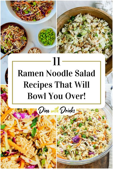 Collage of 4 ramen noodle salad recipes. Recipes That Use Ramen Noodles, Cold Ramen Salad, Cold Ramen Noodle Recipes, Ramen Noodle Salad Recipes, Cold Noodle Salad Recipes, Ramen Pasta Salad, Raman Noodle Salad, Quick Ramen Noodle Recipes, Recipes Using Ramen Noodles