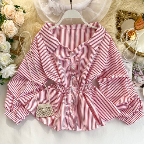 Casual Blouses, Clothing Female, Clothes Korean Style, Fashion Top Outfits, Fancy Tops, Trendy Fashion Tops, Long Sleeve Striped Top, Tops Casual, Striped Short