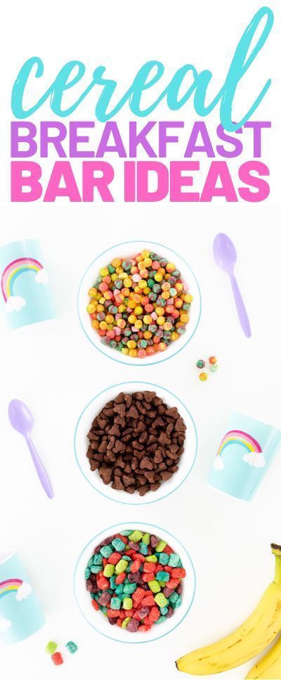 Learn how to create a fun breakfast cereal bar with the best cereal, toppings and party decorations. But First, Cereal. #breakfastbar #cereal #breakfastrecipe Cereal Party Decorations, Cereal Bar Party Ideas, Cereal Breakfast Ideas, Cereal Buffet Bar, Cereal Themed Party, Cereal Toppings, Cereal Bars Party, Cereal Station, Cereal Buffet