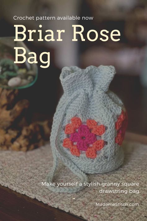 Step out I style with this cute little granny square drawstring bag. The body of the Briar Rose bag is made up of 4 traditional style granny squares. With the exception of the drawstring round and the top border, the rest of the bag is made entirely of single crochet, making this a simple, quick crochet project. The crochet pattern comes with detailed written instructions and photos to help you through each section of the bag construction. Granny Square Drawstring Bag, Crochet Making, Bag Construction, Granny Square Projects, Quick Crochet Projects, Rose Bag, Briar Rose, Yarn Stash, Quick Crochet