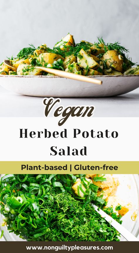 This mayo-free herbed potato salad is packed with fresh herbs, tender potatoes, and dressed in a zesty vinaigrette. It's the perfect vegan side dish for your next BBQ or picnic. Healthy, gluten-free, plant-based, and super delicious, this easy recipe is a fresh twist on a classic favourite, making it a hit for everyone at the table. Enjoy a burst of citrusy flavour in every bite of this naturally vegan side dish. Vegan Sides For Bbq, Vegan Side Dishes Easy, Vegan Bbq Side Dishes, Potato Salad Easy, Vegan Cookout, Potato Salad No Mayo, Herbed Potato Salad, Vegan Potato Salad, Homemade Potato Salads