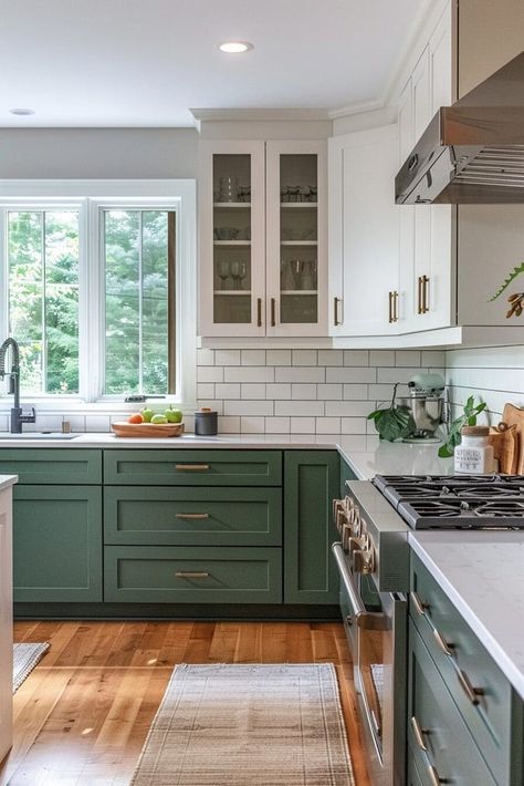 23 Green Kitchen Ideas That Will Make You Swoon Dark Green Lower Kitchen Cabinets, Bright Kitchen Colors, Green Kitchen Ideas, Green Tile Backsplash, Green Countertops, Olive Green Kitchen, Kitchen Shades, Kitchen Cabinets Color Combination, Green Kitchens