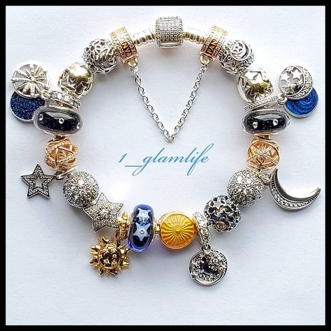 Themed Pandora Bracelet, Everything Blue, Pandora Bracelet Charms Ideas, Pandora Bracelet Designs, Cosmic Galaxy, Pandora Jewelry Charms, Sun Moon Stars, Jewelry Accessories Ideas, Jewelry Charms