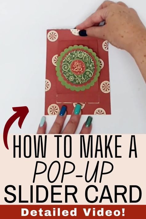 How to make a pop-up slider card. Easy to follow video tutorial to make this fun handmade pop up slider card. Check out the video to make it! Pop Up Slider Card, Pop Up Christmas Cards, Diy Pop Up Cards, Pop Up Card Templates, Handmade Cards Diy, Card Easy, Simple Pop, Slider Cards, Card Making Tips