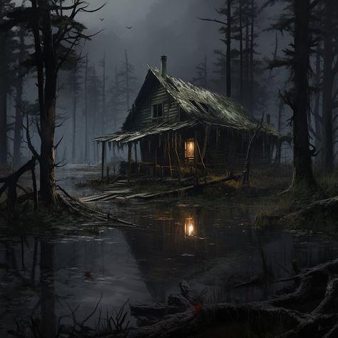 Follow @onshock998 for more… | Instagram Hunted Aesthetic, Creepy Cabin In The Woods, Swamp Aesthetic, Cabin In Forest, Isolated Cabin, Fantasy Cabin, Witch Forest, Gothic Setting, Fantasy Cottage