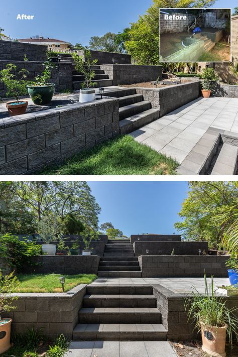 Brisbane resident Matt had an issue with a leaning retaining wall and stairs in his frontyard that was ready to collapse. Rather than paying for an expensive and extensive excavation, he consulted our structural engineer for design advice and DIYed a 3 tier retaining wall with our Versawall blocks. The three levels effectively bury and support the old wall and stairs, while turning his frontyard into a fantastic multi levelled garden, complete with stairs to street level. Three Level Garden Ideas, 3 Level Garden Ideas, 3 Tier Retaining Wall, Levelled Garden, Multi Level Garden, Retaining Wall Stairs, Tiered Retaining Wall With Steps, Landscape Timbers Retaining Wall, Landscape Timber Retaining Wall