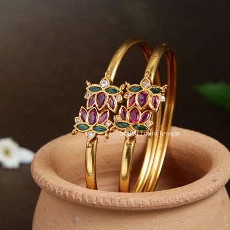 Lotus Design Openable Bracelet Bangle - South India Jewels South Indian Bangles, Lotus Bangle, Star Bangle, Ancient Indian Architecture, Indian Bangles, Coin Design, Lotus Design, Bangles Indian, Stone Bangle