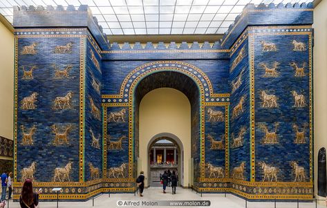 01 Ishtar gate of Babylon  It was constructed in about 575 BC by order of King Nebuchadnezzar II on the north side of the city. It was excavated in the early 20th century and a reconstruction using original bricks is now shown in the Pergamon Museum, Berlin. Babylonian Art, Babylon City, Ishtar Gate, Painting History, Gate Of Babylon, Pergamon Museum, Solomons Temple, Ancient Babylon, Tower Of Babel