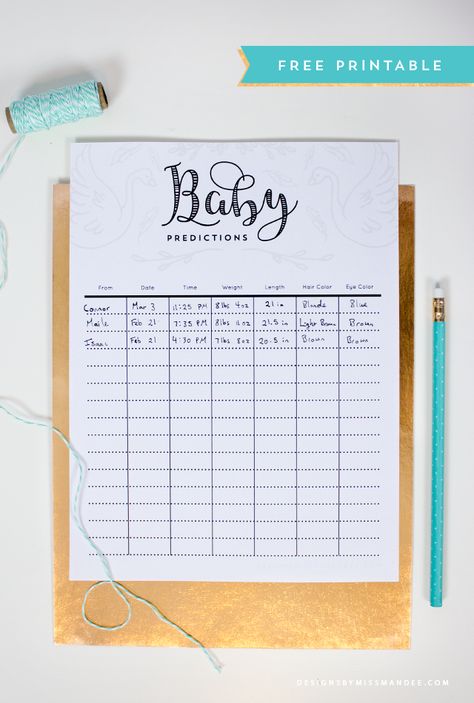 FREE Baby Prediction Printable - Designs By Miss Mandee. Easily keep track of family and friend's predictions for the new baby with the lovely, printable sheet. And, because it's so cute, it makes a great addition to the baby book later on! Baby Pool, Free Baby Shower, Baby Prediction, Baby Weight, Gender Party, Baby List, Baby Gender Reveal, Shower Bebe, Baby Gender