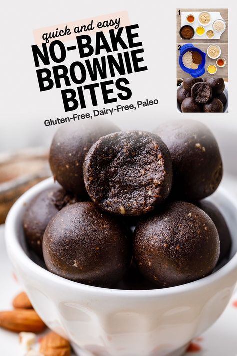 This easy no-bake brownie bite recipe has minimal ingredients, no cook time and keep incredibly well in the fridge. Easy Brownie Bites, Quick Easy Brownies, No Bake Brownie Bites, Brownie Bites Recipe, Easy Brownie, Paleo Brownies, Healthier Desserts, No Cook, Extremely Funny