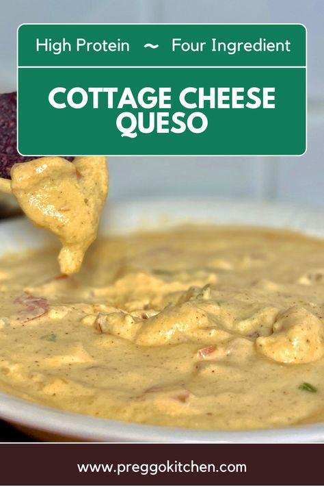 This high protein dip only has four ingredients for an easy snack that's healthier than traditional queso. #healthyrecipes #snackrecipes #healthysnackrecipes #diprecipes #highprotein #protein Creamy Queso Dip, Cottage Cheese Queso Dip, High Protein Dip, Cheese Queso Dip, Cottage Cheese Queso, Protein Dip, Queso Dip Recipe, Savoury Finger Food, Spreads Recipes