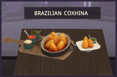 Brazilian Coxinha | Patreon Sims 4 Brazilian Cc, Brazilian Coxinha, Food Sims 4, Brazilian Snacks, Meat Cooking Times, Cooking For A Group, Sack Lunch, Fried Dough, Custom Plates