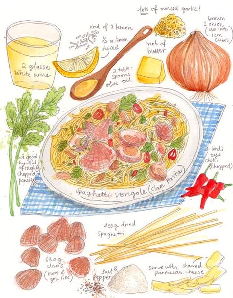 Spaghetti Vongole, Clam Pasta, Pasta Art, Recipe Drawing, Watercolor Food, Thanksgiving Food, Illustration Food, Food Illustration, Food Journal