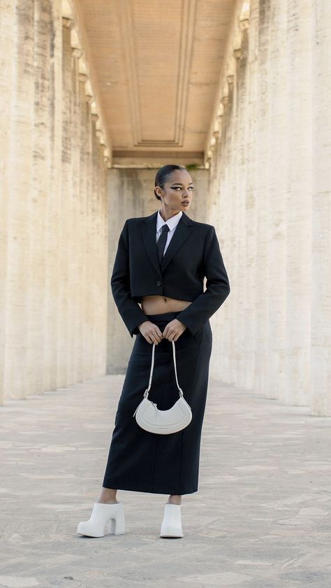 woman in black and white outfit, white shoes, white bag, classy fall outfit Platform Mules, Charles Keith, 2023 Collection, Winter 2023, Office Fashion, How To Style, Black Outfit, Trend Setter, Family Photos