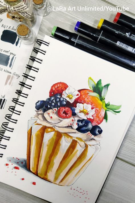 Cupcake drawing illustration with touch cool markers Touch Cool Markers, Cupcakes Art Drawing, Watercolor Food Illustration, Art Markers Drawing, Copic Drawings, Markers Drawing Ideas, Food Art Painting, Cool Drawing, Cupcake Drawing