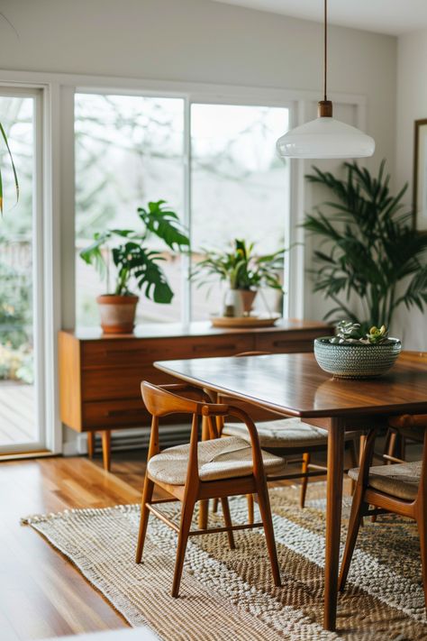 Minimal Dining Room Ideas, Diy Mid Century Modern Table, Dining Chairs Mid Century Modern, Mid Century Wooden Furniture, Mid Century Eclectic Dining Room, Dinning Room Ideas Mid Century Modern, Mid Century Modern Dining Room Rug, Mid Century Modern And Farmhouse, Dining Room Table Mid Century Modern