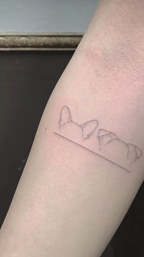 Dog Cat Line Tattoo, Simple Line Dog Tattoo, Linear Dog Tattoo, Cat And Dog Ears Tattoo, Rottweiler Ears Tattoo, Dog Ear Outline Tattoo Placement, Fine Line Dog Ear Tattoo, Dog Tattoo Placement, Dog Ear Tattoo Placement