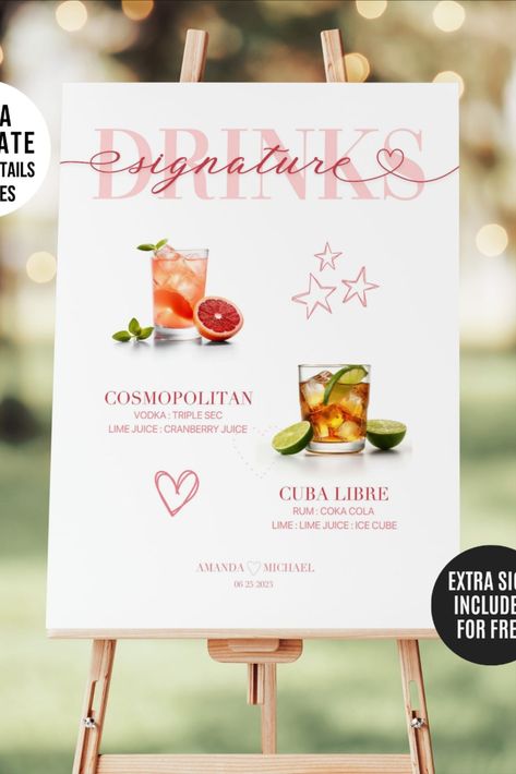 This signature drinks sign template includes a list with 230 popular wedding cocktails with ingredients and measurements. It also includes over 300 high resolution images ready for printing. Drink Wedding, Wedding Bar Menu Template, Menu Signs, Menu Drink, Signature Wedding Drinks Sign, Wedding Drink Menu, Signature Drink Sign, Drinks Sign, Signature Cocktail Sign