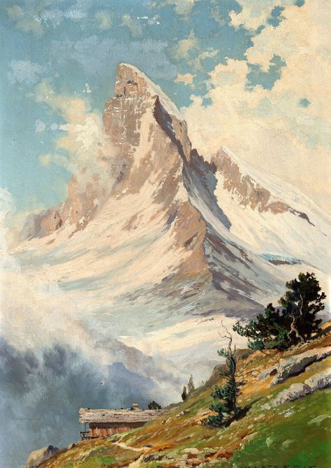 "INFO: A beautiful early 20th-century oil painting titled \"A View of the Matterhorn\" by German artist Toni Haller ( 1907-1944 ). SIZE:  3398 x 4805 pixels ( 300dpi ) ♦ THIS IS A DIGITAL DOWNLOAD AND NO PHYSICAL PRODUCT WILL BE SENT. ♦ * This is a fully-restored high-resolution digital image. Each file is 300dpi resolution which will give you a very clear print. It can be cropped, altered, and printed in multiple sizes for your personal use.  * Print your artwork at home or at a local print sho High Resolution Images For Printing, Matterhorn Painting, French Mountains, Oil Painting Mountains, 20th Century Paintings, Art Mountains, The Matterhorn, Mountain Paintings, Vintage Art Prints