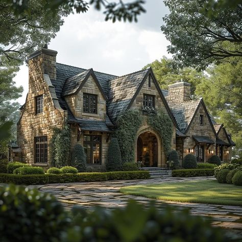 Stone Tudor House, English Tudor House Exterior, Modern Gothic House, Sky Window, Limestone House, Stone Homes, Cottage Exterior, Exterior Paint Color, European House