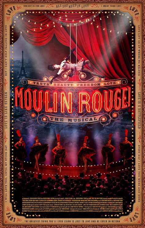 Moulin Rouge Movie Aesthetic, Broadway Poster Design, Moulin Rouge Decorations, 1920s Stage, Moulin Rouge Theme, Moulin Rouge Aesthetic, Moulin Rouge Poster, Cabaret Poster, Moulin Rogue