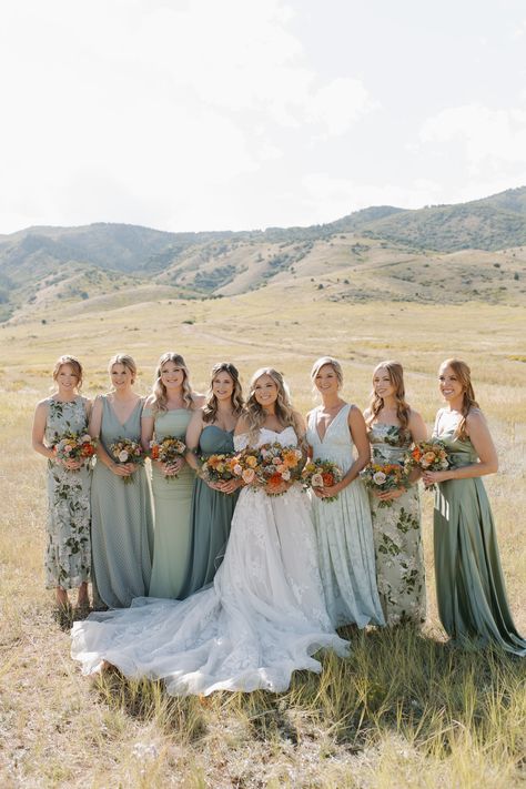 Mixed Green Bridesmaid Dresses, Bridesmaids Dresses Mismatched, Grooms Portraits, Mismatched Bridesmaids Dresses, Bridal Florals, Wedding Group Photos, Golden Hour Wedding, Manor House Wedding, Wedding Collage