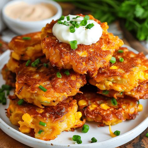 Delicious and easy corn fritters made with fresh corn kernels. Perfect for any meal, ready in under 30 minutes. Fresh Corn Fritters, Cheesy Corn Fritters, Barbeque Shrimp, Corn Fritters Recipe, Corn Recipes Side Dishes, Corn Fritter Recipes, Easy Corn, Cheesy Corn, Cream Style Corn