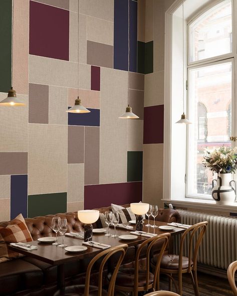 Bold Grid wall mural may be just what you need for your next restaurant project - or any hospitality space needing an interior design upgrade! We would love to help assist you, book a meeting with our experts via link in bio! Colorful Tiles, Modern Wallpaper Designs, Interior Design Contemporary, Patterned Wall, Wallpaper Interior Design, Interior Wallpaper, Colourful Tile, Geometric Tiles, Contemporary Wallpaper