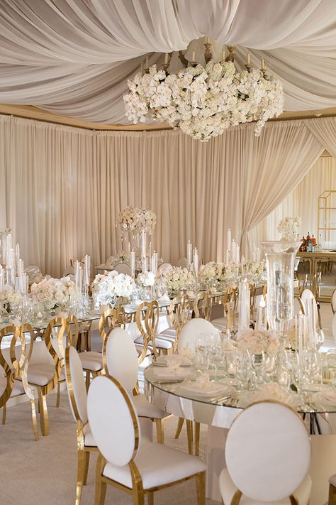 White And Cream Wedding Decor, White And Gold Glam Wedding, Wedding Decor Glamorous, All White Event Decor, White Weddings, Wedding Decor White And Champagne, White Beige Gold Wedding Decor, Ivory Stage Decor, White Wedding Reception