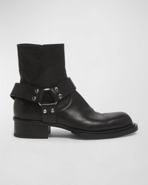 Alexander McQueen "Cuban Stack" ankle boots in calf leather    Stacked block heel    Round toe    Side zip for easy on and off    Harness buckles    Made in Italy Alexander Mcqueen Men, Black Ankle Boots, Leather Ankle Boots, Fashion Fashion, Boots Men, Side Zip, Calf Leather, Black Boots, Neiman Marcus