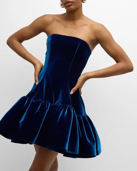 B9AYM Bach Mai Volant Strapless Velvet Mini Dress Blue Velvet Short Dress, Puffy Dresses Short, Short Dress Wedding Guest, Wedding Guest Mini Dress, Strapless Dress Short, Short Puffy Dresses, Bodycon Dress Pattern, Strapless Short Dress, Event Attire