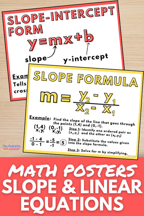 Help your algebra students remember the basics of linear equations and slope including types of slope, slope formula and equations of a line with these easy to read anchor charts. Keep these up all year or just when working on a linear equations unit. This resource also includes student reference sheets to keep in their math notebooks or binders. Click to learn more. Equations Anchor Chart, Slope Math, Slope Formula, Student Reference, Math Posters, Special Education Math, Colorful Posters, Math Poster, Linear Equations