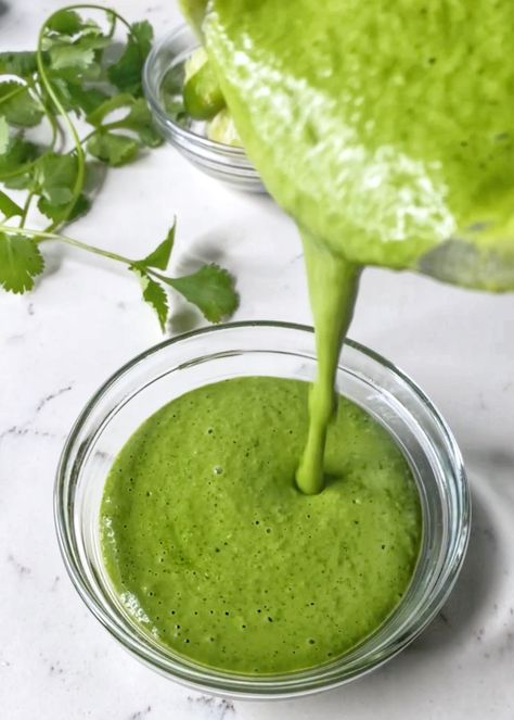 Aji Verde, the Most Addictive Peruvian Spicy Green Sauce - The Delicious Life Spicy Green Sauce, Peruvian Green Sauce, Cilantro Lime Dressing Recipe, Aji Sauce, Salad Restaurant, Green Sauce Recipe, Lime Pickles, Verde Sauce, Cilantro Lime Dressing