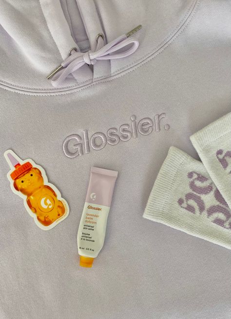 Purple Hoodie Aesthetic, Glossier Aesthetic Wallpaper, Glossier Lavender, Glossier Hoodie, Glossier Aesthetic, Hoodie Outfit Aesthetic, Glossier Balm Dotcom, Lavender Products, Ballet Bag