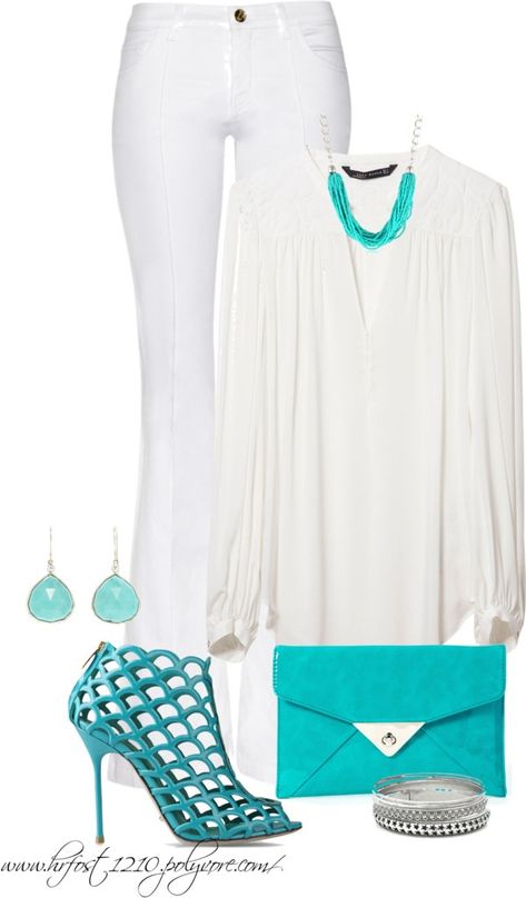 "* The Yacht White Party * Touch of Turquoise" by hrfost1210 ❤ liked on Polyvore All White Summer Outfits, Turquoise Outfit, White Summer Outfits, Dinner Wear, Stylish Eve, Fashion Attire, Casual Friday, White Party, Complete Outfits