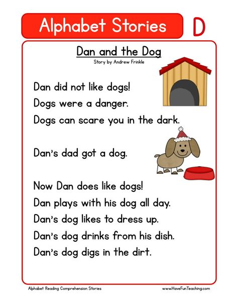 This Reading Comprehension Worksheet - Dan and the Dog is for teaching reading comprehension. Use this reading comprehension story to teach reading comprehension. Alphabet Stories, Kindergarten Stories, Phonics Reading Passages, Phonics Readers, Teaching Reading Comprehension, Reading Comprehension Kindergarten, Kindergarten Reading Worksheets, Preschool Reading, Have Fun Teaching