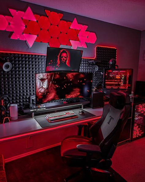 Black And Red Gaming Room, Black And Red Gaming Setup, Red Pc Setup, Red And Black Gaming Setup, Red Gaming Room, Black Pc Setup, Red Gaming Setup, Hacker Room, Game Room Idea